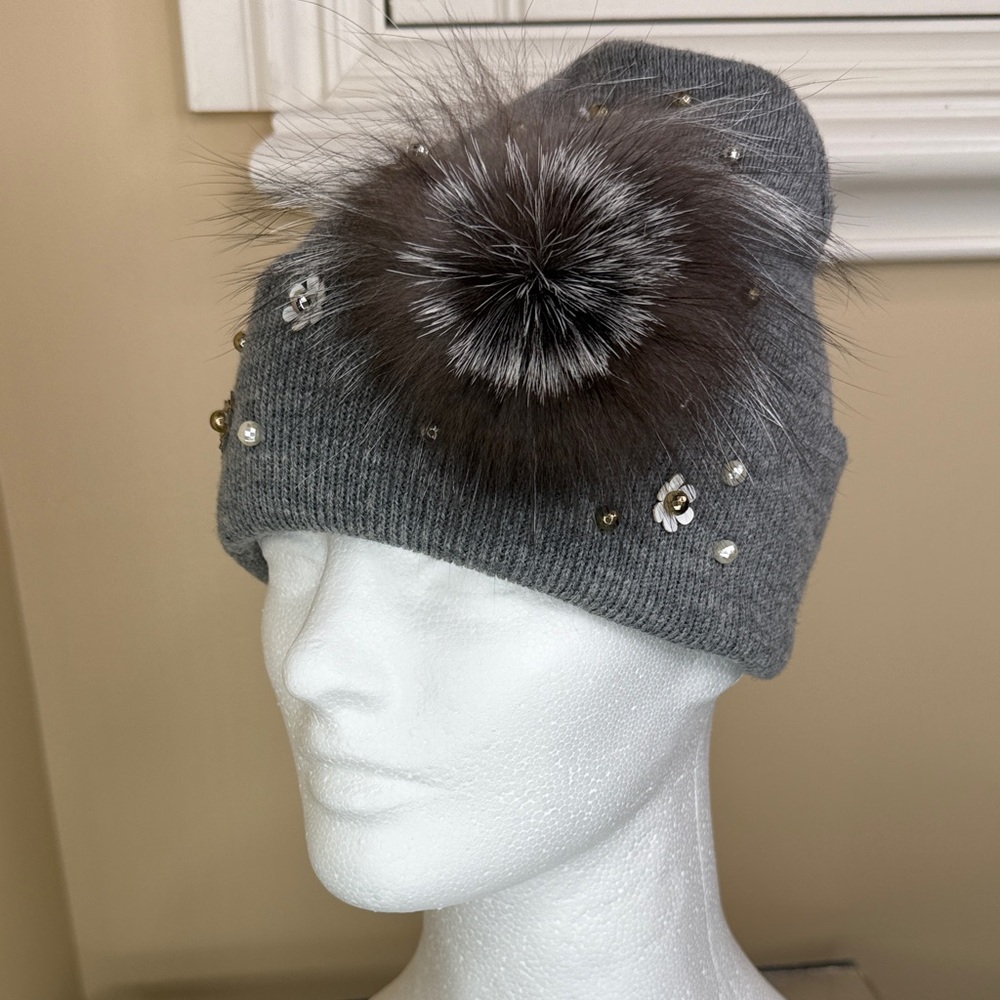Chic Gray Beanie with Faux Fur Pom and Embellishments